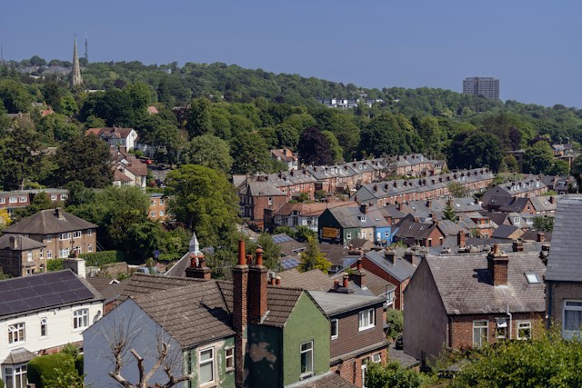 city with houses and a hill in the background